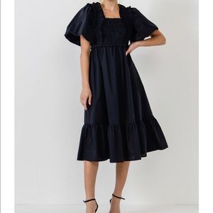 English factory black smocked midi dress